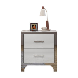 English Elm High Gloss Mirrored 2 Drawer Nightstand Slim Metal Legs Modern Bedroom Side Table White W5271P416521