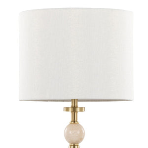 English Elm Table Lamp Set of Two Gold Metal Travertine Base with Leaf Fabric Shade Glam Decor B202P471582