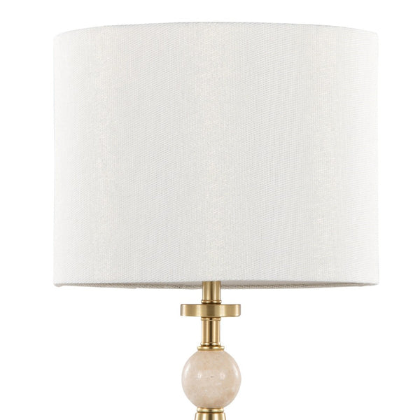 English Elm Table Lamp Set of Two Gold Metal Travertine Base with Leaf Fabric Shade Glam Decor B202P471582