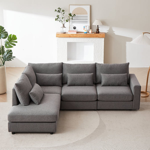 English Elm MH100.2" Sofa Convertible L-Shaped Linen Sectional with Movable Ottoman 5 Cushions 4 Lumbar Pillows Grey W1193S00139