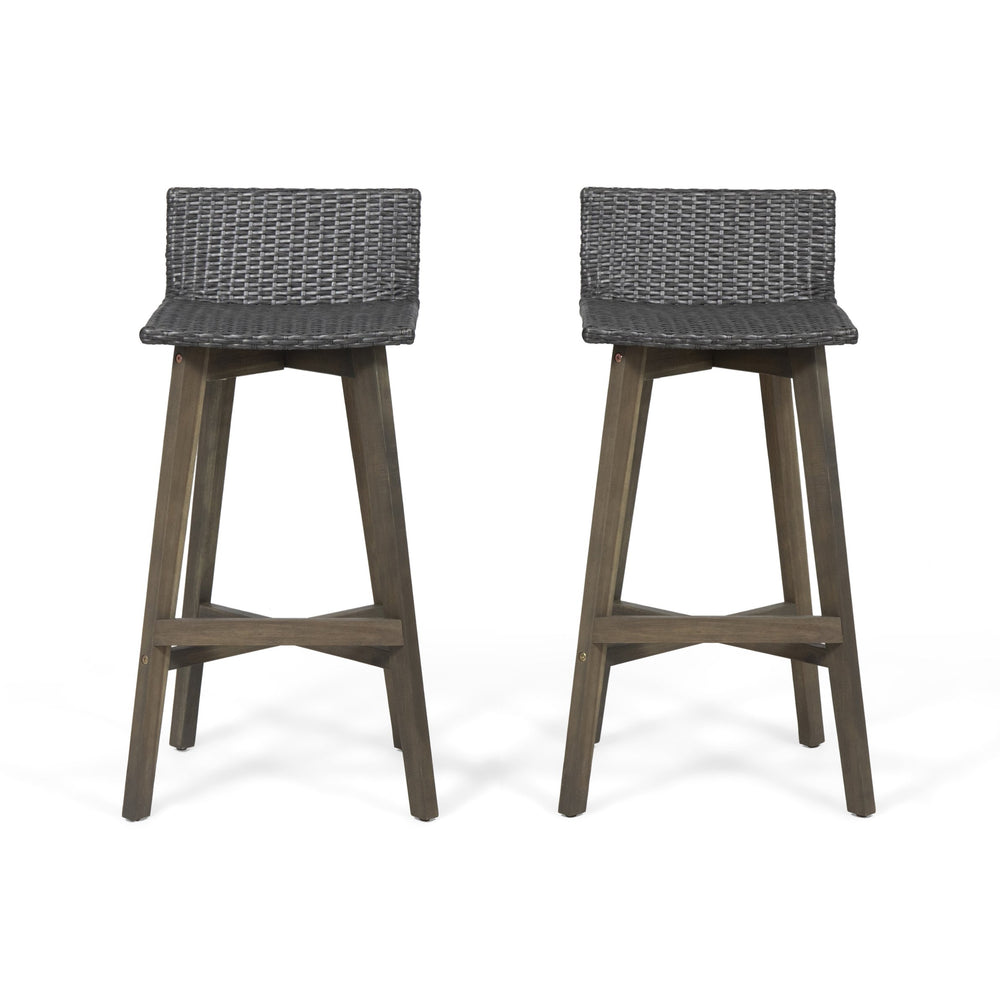 English Elm Christopher Knight Home® - LA La Brea Acacia Wood & Wicker Barstool Set of 2 — Outdoor Faux Rattan Seats with Iron X-Stretcher Frame Grey 65431.00GRY