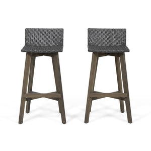 English Elm Christopher Knight Home® - LA La Brea Acacia Wood & Wicker Barstool Set of 2 — Outdoor Faux Rattan Seats with Iron X-Stretcher Frame Grey 65431.00GRY