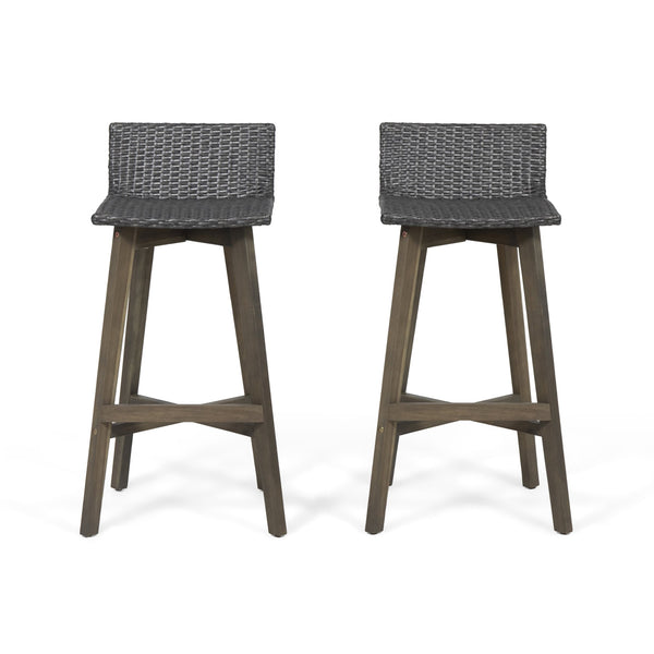 English Elm Christopher Knight Home® - LA La Brea Acacia Wood & Wicker Barstool Set of 2 — Outdoor Faux Rattan Seats with Iron X-Stretcher Frame Grey 65431.00GRY