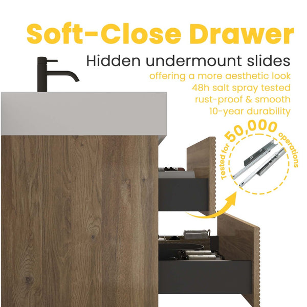 English Elm Alice Floating Bathroom Vanity Rosewood Finish Engineered Stone Basin Triple Drawer W1865S00116