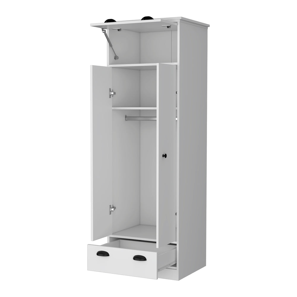 English Elm Linch White Armoire with Hinged Top Drawer, Double-Door Closet, Lower Glide Drawer — Space-Saving elegant storage B128S00123