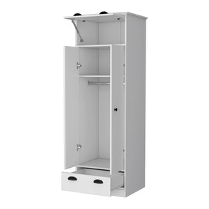 English Elm Linch White Armoire with Hinged Top Drawer, Double-Door Closet, Lower Glide Drawer — Space-Saving elegant storage B128S00123