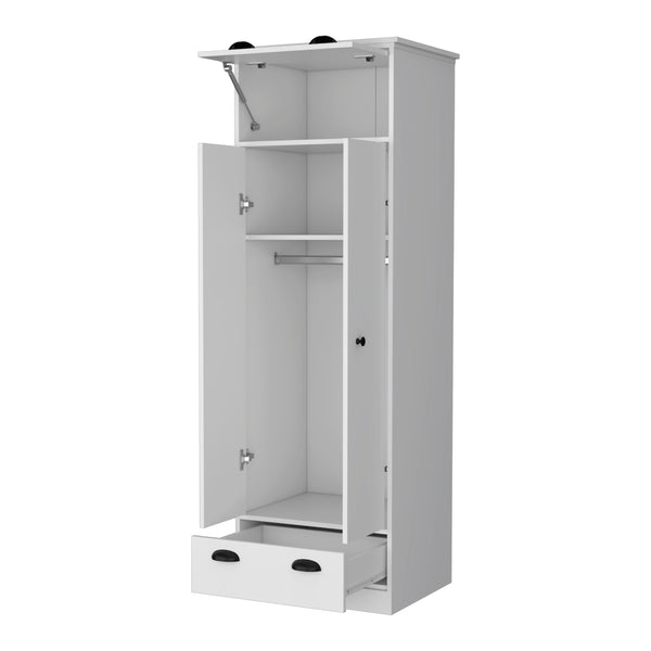English Elm Linch White Armoire with Hinged Top Drawer, Double-Door Closet, Lower Glide Drawer — Space-Saving elegant storage B128S00123