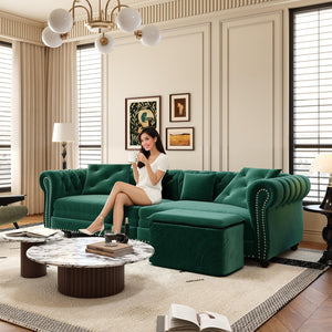 English Elm Chesterfield 3-In-1 Convertible Sleeper Sofa Bed With Movable Ottoman & Pillows - Stylish Green Velvet W1885S00176