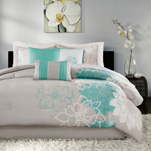 JLA Home Madison Park - Printed floral cotton sateen comforter set with embroidered pillows, taupe & white stripes, OEKO-TEX certified breathable luxury Aqua MP10-6833