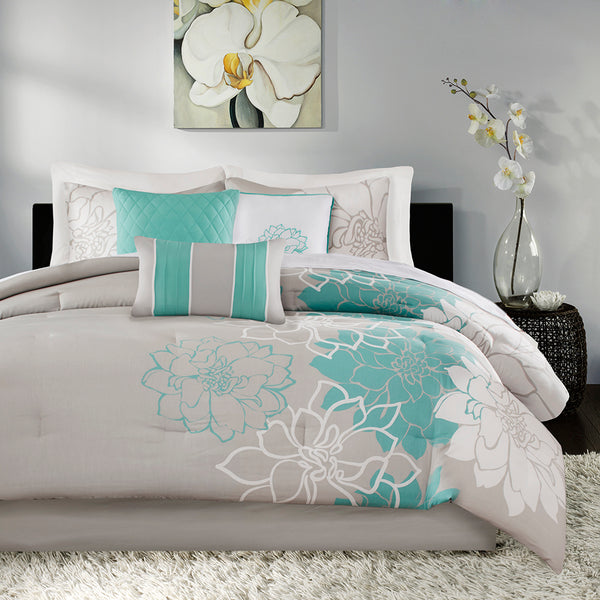 JLA Home Madison Park - Printed floral cotton sateen comforter set with embroidered pillows, taupe & white stripes, OEKO-TEX certified breathable luxury Aqua MP10-6833
