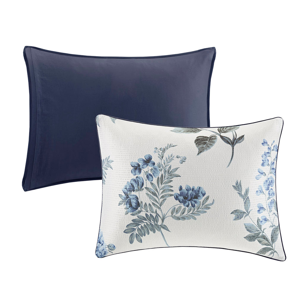 JLA Home Madison Park - 7 Seersucker comforter set with floral print, navy Euro shams, ruched pillow and cozy throw 92 L x 104 W x 1.5H MP10-6304