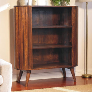 English Elm Cortez Solid Mango Wood Chestnut Cabinet with 3 Open Shelves, Nordic Legs, Modern Minimalist Storage B182P257658