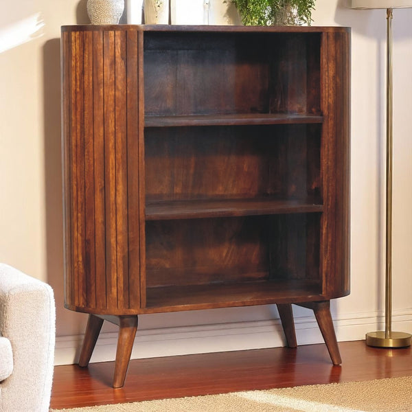 English Elm Cortez Solid Mango Wood Chestnut Cabinet with 3 Open Shelves, Nordic Legs, Modern Minimalist Storage B182P257658