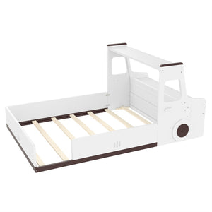 English Elm Full Size Car Shaped Kids Platform Bed with Storage Drawers Integrated Desk Pine Wood Light White W1580S00490