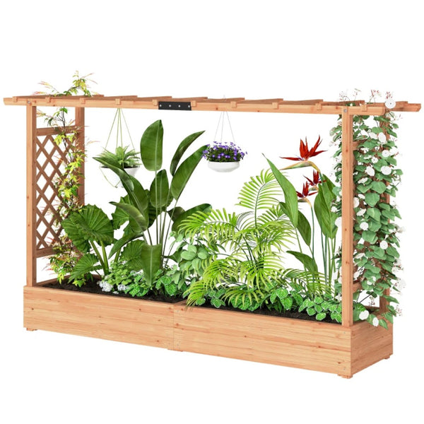 English Elm Wooden Fir Raised Garden Bed with Arched Trellis for Climbing Plants Outdoor Privacy T3971P455905