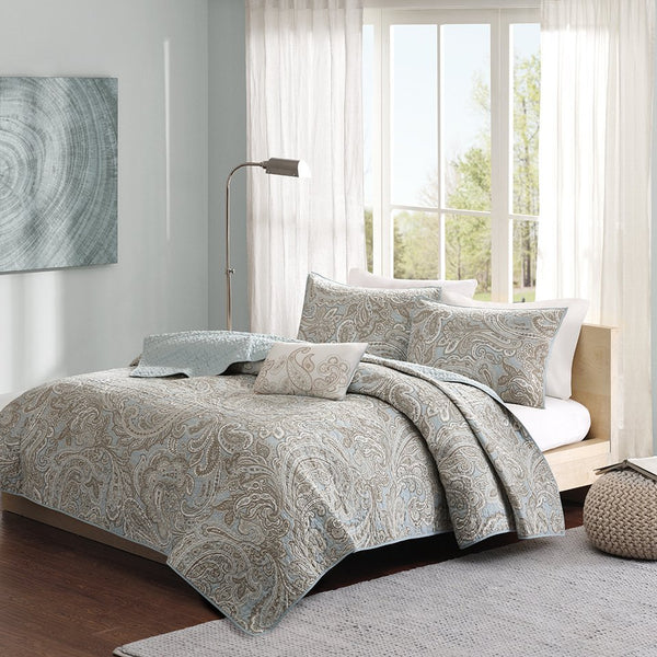 JLA Home Madison Park Pure - 4 Cotton Paisley Quilt Set - Soft Blue 200TC 4-Piece Bedding with Shams & Decorative Throw Pillow, Breathable Care-Friendly Elegance MPP13-050
