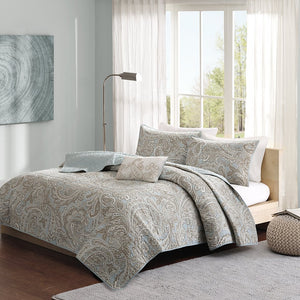 JLA Home Madison Park Pure - 4 Cotton Quilt Set with Paisley Print & Throw Pillow — 200TC Breathable Blue Quilt, Shams, Machine Washable MPP13-049