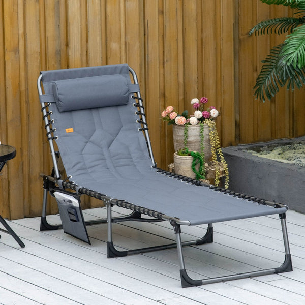 English Elm Outsunny Padded Reclining Outdoor Chaise with Headrest Foldable Steel Frame Lounge Chair Gray W2225P174383