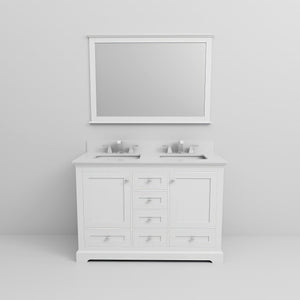 English Elm White Double Bath Vanity 48 in with Cultured Marble Scratch‑Resistant Top, Faucet & 46in Mirror, Chrome B2731S01006