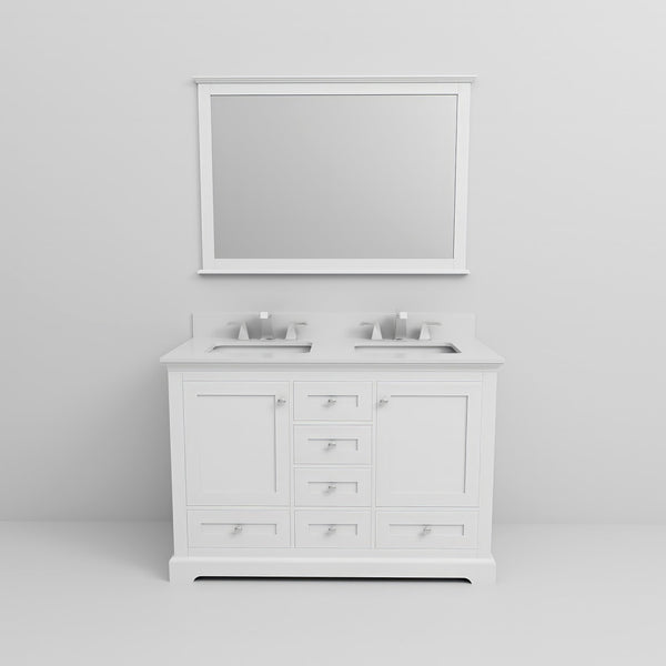 English Elm White Double Bath Vanity 48 in with Cultured Marble Scratch‑Resistant Top, Faucet & 46in Mirror, Chrome B2731S01006