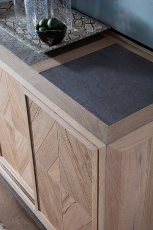 Lexington Artistica Home Verite Media Console - Elegant European White Oak Design With Distressed Aluminum Accents & Shelves Light Oak Wood 2240-907