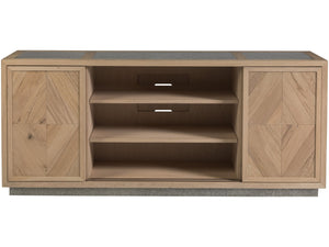 Lexington Artistica Home Verite Media Console - Elegant European White Oak Design With Distressed Aluminum Accents & Shelves Light Oak Wood 2240-907