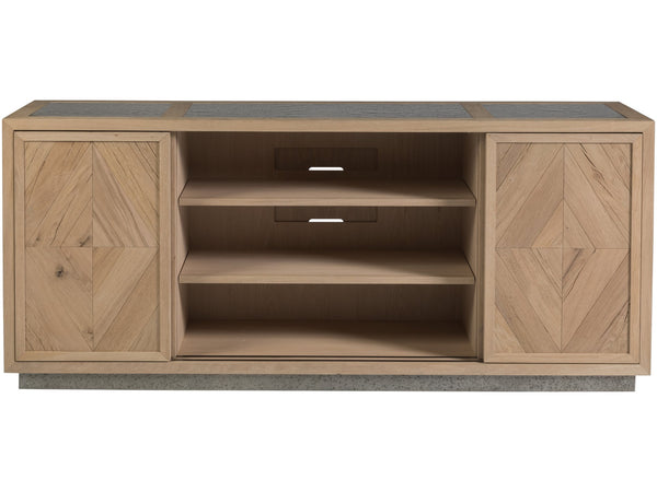 Lexington Artistica Home Verite Media Console - Elegant European White Oak Design With Distressed Aluminum Accents & Shelves Light Oak Wood 2240-907