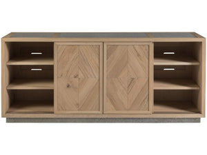Lexington Artistica Home Verite Media Console - Elegant European White Oak Design With Distressed Aluminum Accents & Shelves Light Oak Wood 2240-907