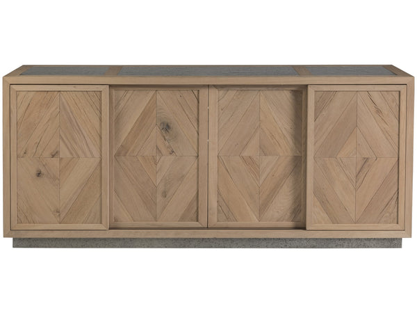 Lexington Artistica Home Verite Media Console - Elegant European White Oak Design With Distressed Aluminum Accents & Shelves Light Oak Wood 2240-907