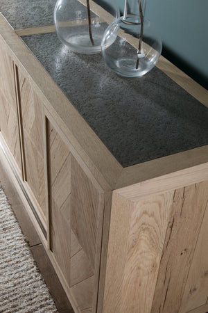 Lexington Artistica Home Verite Media Console - Elegant European White Oak Design With Distressed Aluminum Accents & Shelves Light Oak Wood 2240-908