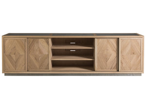 Lexington Artistica Home Verite Media Console - Elegant European White Oak Design With Distressed Aluminum Accents & Shelves Light Oak Wood 2240-908
