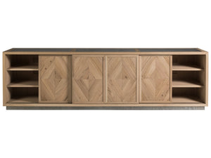 Lexington Artistica Home Verite Media Console - Elegant European White Oak Design With Distressed Aluminum Accents & Shelves Light Oak Wood 2240-908