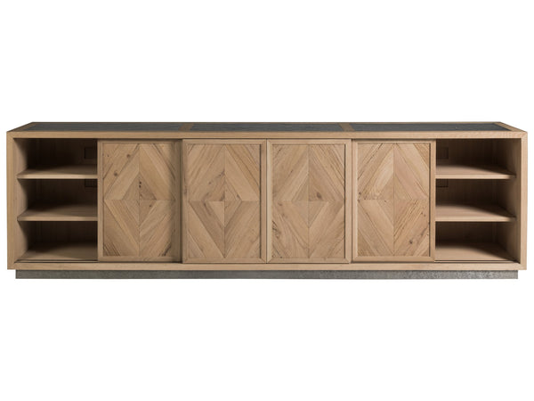 Lexington Artistica Home Verite Media Console - Elegant European White Oak Design With Distressed Aluminum Accents & Shelves Light Oak Wood 2240-908