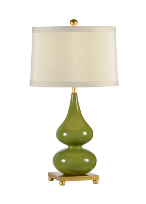Wildwood Whitney Double-Gourd Table Lamp In Glossy Toad Green With Antique Gold Base And Drum Shade — Elegant Illuminate 22408