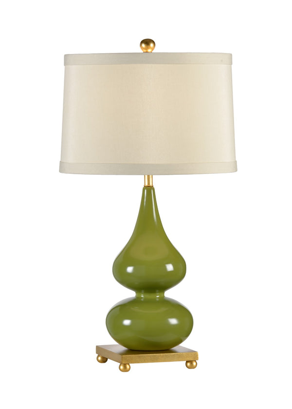 Wildwood Whitney Double-Gourd Table Lamp In Glossy Toad Green With Antique Gold Base And Drum Shade — Elegant Illuminate 22408