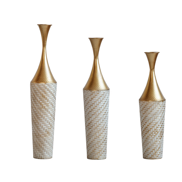 English Elm Floor Metal Vase Set - 3-Piece Modern Geometric Decor With Woven Texture & Glazed Finish,  Tall Accent W2796P255611
