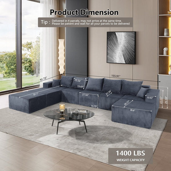 English Elm 8-Piece Modular U-Shaped Sectional Sofa with Oversized Chaise and Bed, Corduroy Luxury, No Assembly Needed Grey W3163S00041