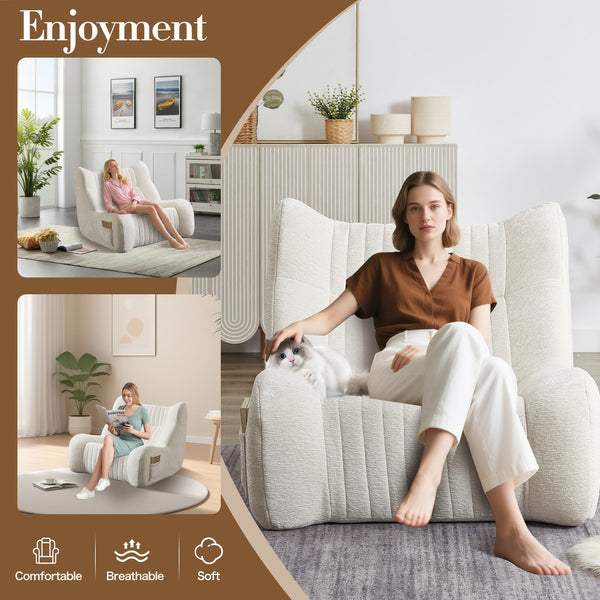 English Elm Bean Bean Bag Chair with Armrests Ergonomic Chenille Lounge Seat Filled with High-Resilience Sponge White W3434P329959