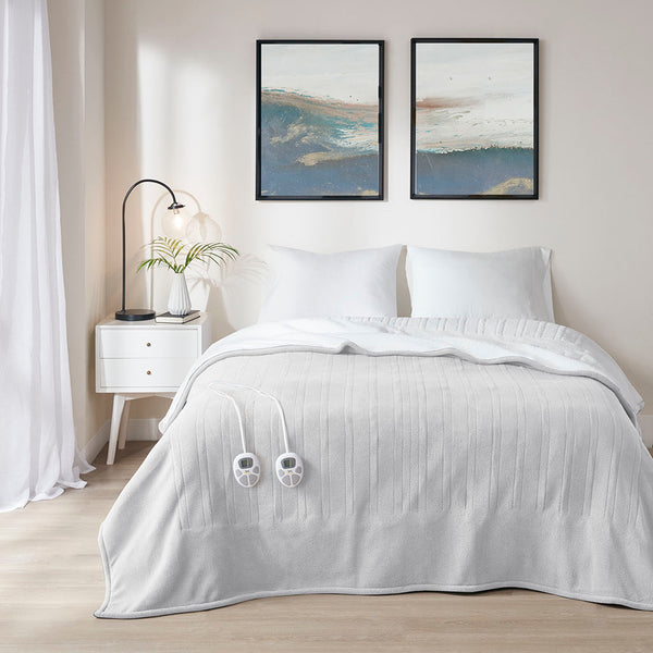 JLA Home Serta - Heated Serta Ultra-Soft Fleece & Sherpa Blanket with 10 Heat Settings, 1–12H Auto Shut-Off, 5-Year Warranty Light Grey ST54-0140