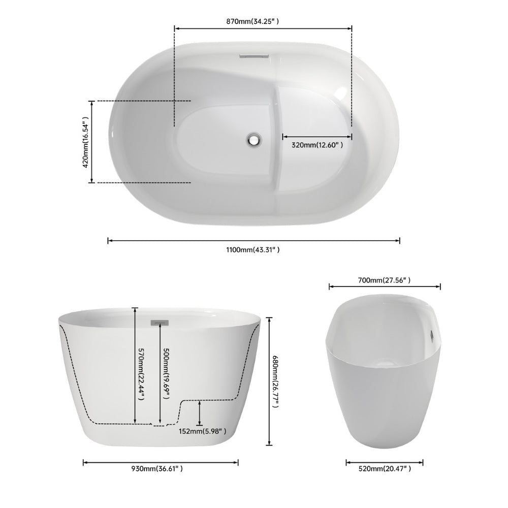 English Elm 43" Acrylic Freestanding Soaking Tub with Built-in Seat Glossy White Modern Bath T3785P380649