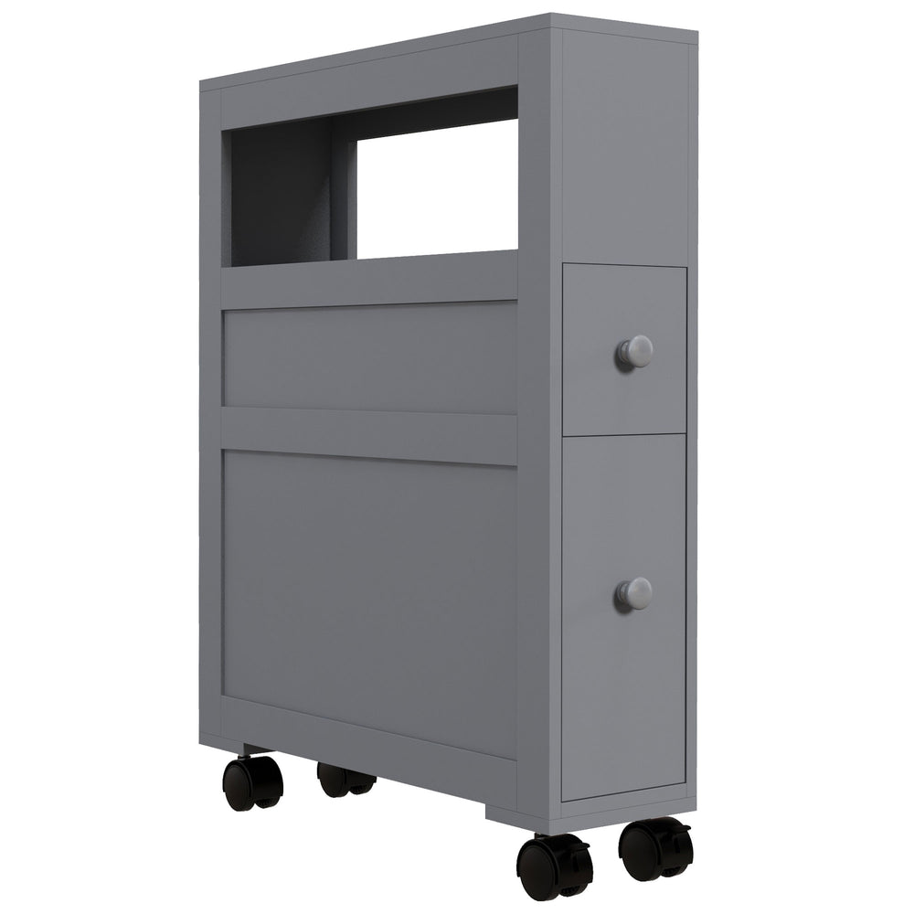 English Elm HOMCOM Slim Rolling Bathroom Storage Cabinet 6.25" W x 28.25" H Gray MDF, 2 Drawers & Shelf, Locking Wheels, 45 lb Capacity W2225P200615