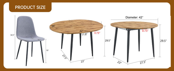 English Elm Table Extendable Round-To-Oval Mdf Dining Set With 4 Light Gray Linen-Cotton Chairs For Gatherings W1151S04142-GIGA