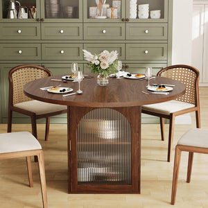 English Elm 47 Inch Round Walnut Dining Table with Ribbed Glass Storage Pedestal Seats Six T5618P448234