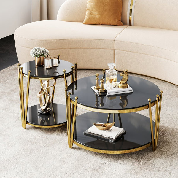 English Elm 31.5inch Modern Luxury Gold Coffee Table with Two-Tier Storage, Tempered Glass Top, Elegant Crown Design Black W1550P171454