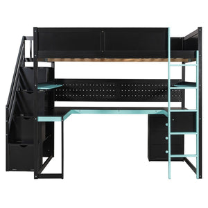 English Elm Full Size Gaming Loft Bed with Led Lighting Desk Shelves and Usb Charging Ports N820S00071C