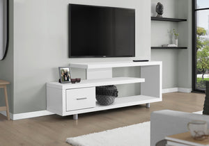 English Elm Tv Stand 60 Inch Media Console with Art-Deco Pedestal, Three-Tier Storage Shelves and Drawer White 70 L x 19 W x 8 H B2710P219079