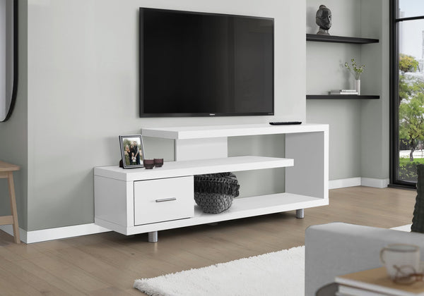 English Elm Tv Stand 60 Inch Media Console with Art-Deco Pedestal, Three-Tier Storage Shelves and Drawer White 70 L x 19 W x 8 H B2710P219079