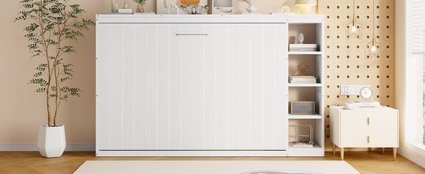 English Elm Full Full Size Murphy Bed with Bookshelf and Fold-Down Work Surface, Space-Saving LVL/MDF Design White GX002220AAK