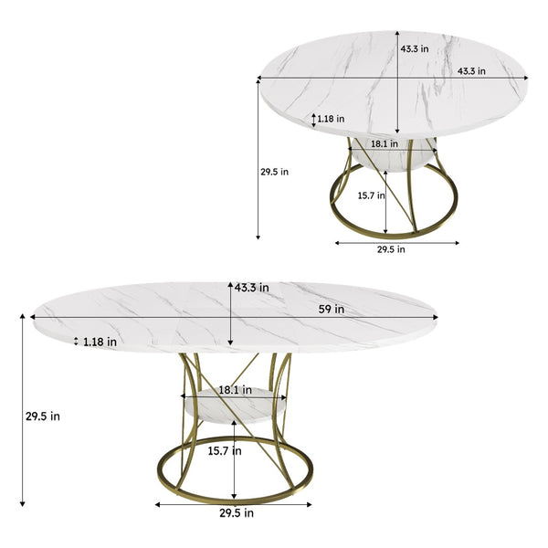 English Elm 43 Inch Expandable Round Dining Table Walnut Veneer Seats Six with Metal Storage Shelf Walnut+Gold W2700P411581