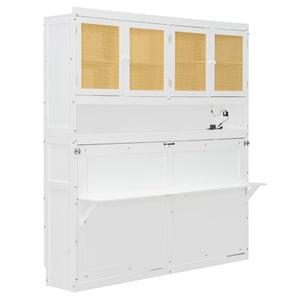 English Elm Twin Murphy Bed with Rattan Cabinet Doors Led Lighting and Usb Charging for Small Spaces White LP000740AAK